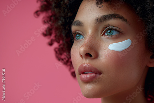 Young woman applies moisturizing anti-aging cream on her face. Beautiful black woman with face cream, skincare routine concept. Close up © Yelyzaveta