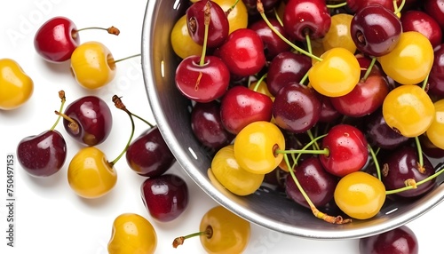 Mix of yellow and red ripe cherries photo