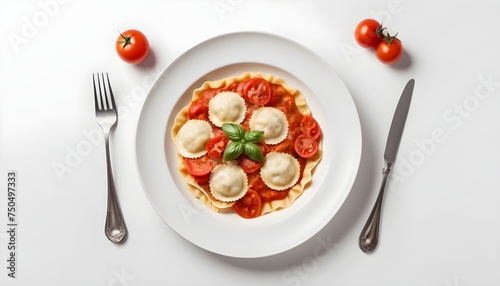 Pasta Italiana ravioli with Mozzarella cheese and Tomato in plate. Isolated on white background, top view