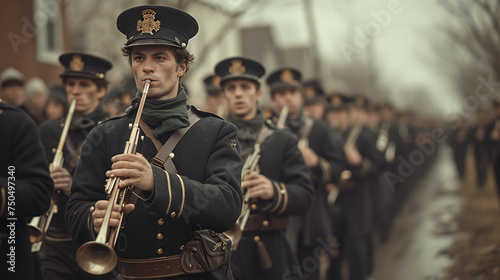 Historical reenactment of soldiers in vintage uniforms, holding trumpets during a military parade. This image is perfect for: history, education, military, vintage uniforms, reenactment events.