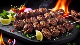 Raw beef Kofta kebab Skewers on a meat cleaver. Black background. Top view.