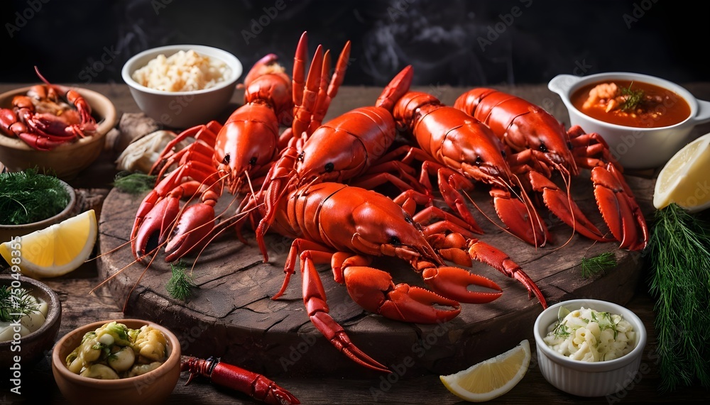 Red crayfish with dill, bay leaf and lemon in a plate. - obrazy, fototapety, plakaty 