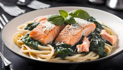 Salmon Bucatini pasta with creamy spinach sauce and fish fillet.