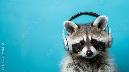 Raccoon dj in headphones on blue background with ample copy space for text or design