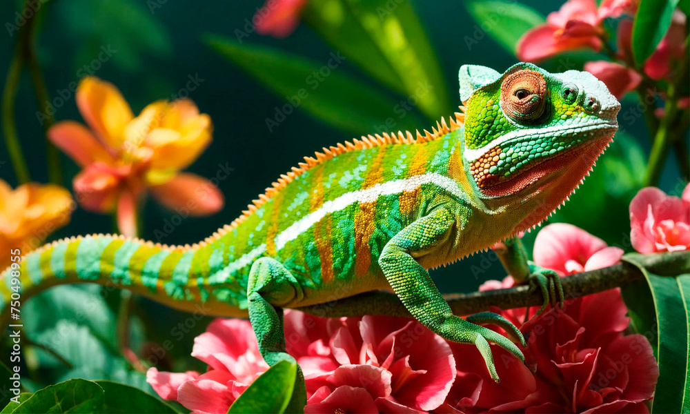 Obraz premium chameleon on tropical flowers. Selective focus.