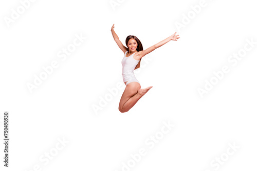 Full length size body young gorgeous nice straight-haired funky lady wearing white sleepwear, jumping in air. Isolated over pink pastel background