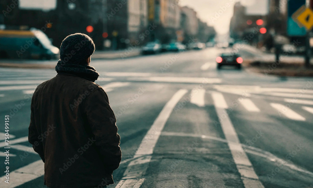 Obraz premium a man is standing on the road. Selective focus.