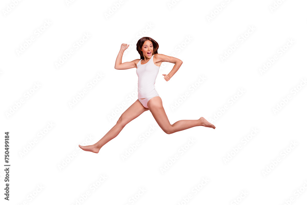 Wow! Full length size body side profile photo portrait of gorgeous nice straight-haired funny lady wearing sleepwear, moving, running in air. Isolated over pink pastel background Wow! Full length size body side profile photo portrait of gorgeous nice straight-haired funny lady wearing sleepwear, moving, running in air. Isolated over pink pastel background