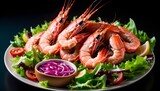 Spicy garlic Giant shrimps prawns in plate with salad
