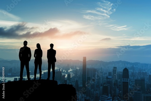 A breathtaking silhouette of business leaders standing tall on a city skyline, symbolizing their triumph over challenges.