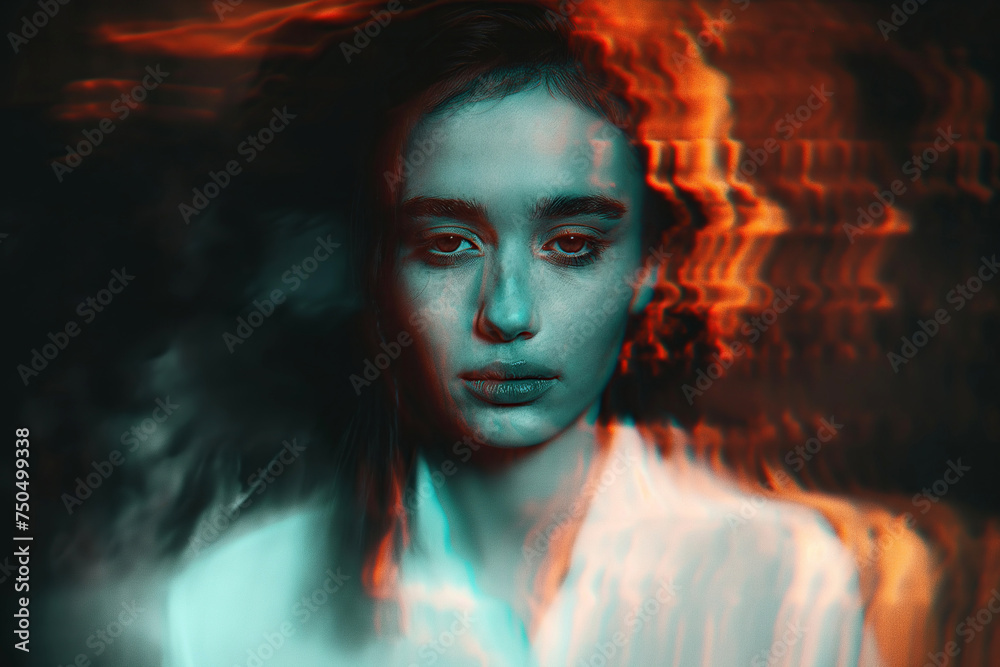 black and white blurred portrait of a woman psychopath with schizophrenia and mental disorders. Sad schizophrenic girl in depression on a background with a glitch effect