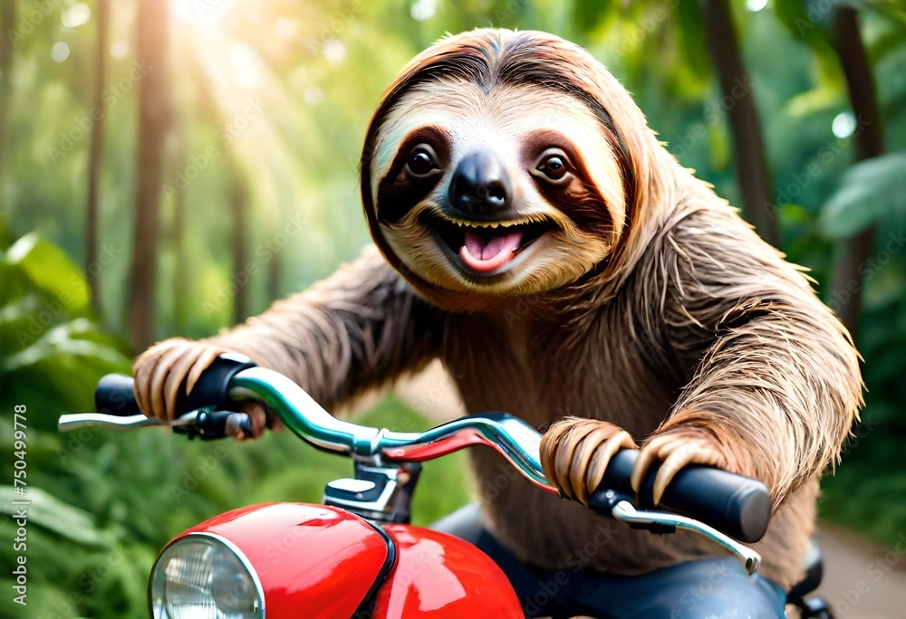 a sloth sitting on a motorcycle, funny pet animals, pets funny