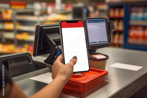 Customer's hand holding smartphone with blank screen for mobile payment, with pos terminal in background