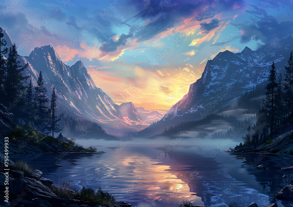 Landscape at Day Break with Mountains and Water  7