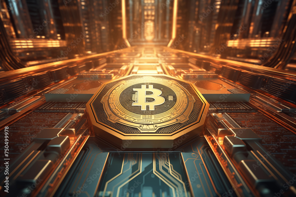 3d illustration of a gold bitcoin on futuristic circuit board corridors, symbolizing cryptocurrency technology