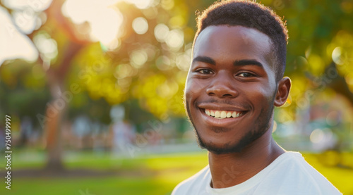 Young, man and portrait of a male laughing in a park for peace, contentment and vitality. Happy, smiling and confident african boy radiating positivity outdoors for peace, happiness and exploration photo