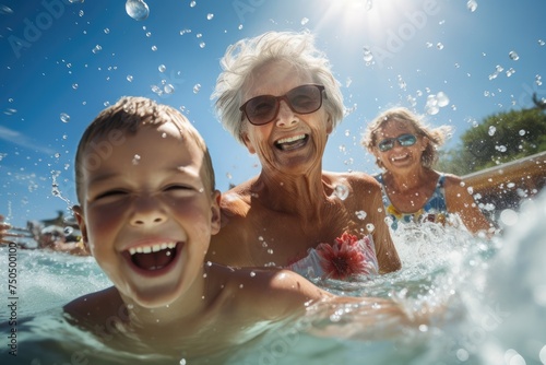 Happy family holiday. Happy grandmother and laughing grandchild have fun in the pool water during summer trip.