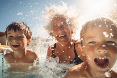 Happy grandmother with her grandchildren on a boat at lake, they are laughing and smiling.  © The other house