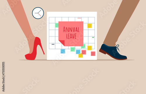 Happy business people running from calendar with annual leave note. Annual leave, schedule reminder of annual leave. Flat vector illustration.