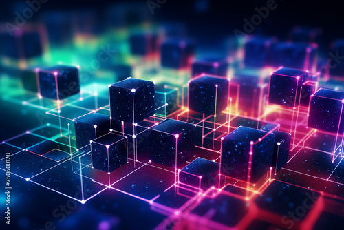 Futuristic 3d digital illustration of a neon blockchain network with glowing cubes, abstract encryption, and cyber security technology on a virtual grid background in blue and purple lights photo