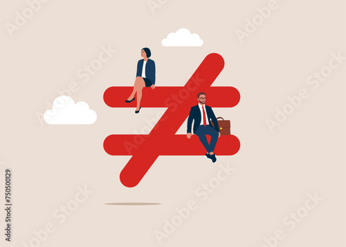 Upper class female sitting on top of injustice with person of male at the bottom. Inequality between woman and man wage income. Flat vector illustration