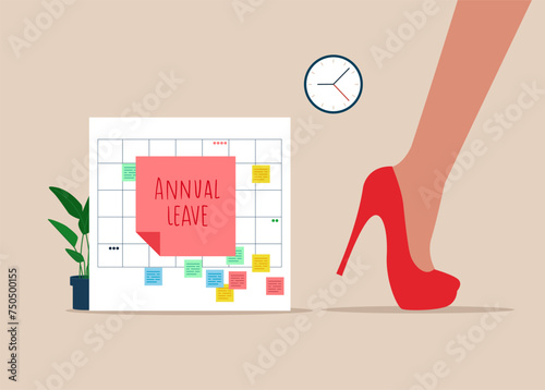 Female running from calendar with annual leave note. Schedule reminder of annual leave. Flat vector illustration.
