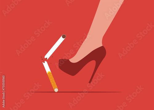 Healthy lifestyle. Female strongly kicking  foot a cigarette while motivating to quit smoking. Flat vector Illustration. 