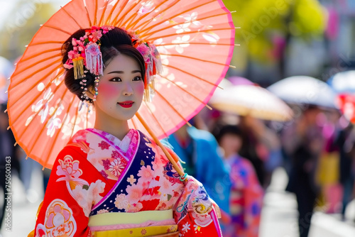 Sakura Matsuri Parade: A lively procession in traditional Japanese costumes. A Japanese woman in a traditional kimono