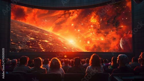 A planetarium reflecting a sunset enveloping visitors in a celestial projection show. Concept Planetarium, Sunset, Celestial Projection Show, Visitors, Enveloping