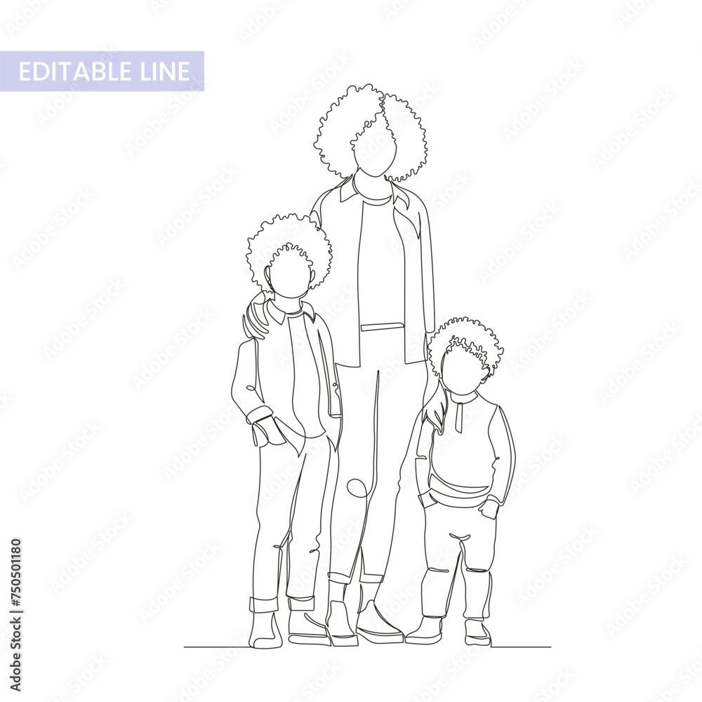One single endless line single parent family group portrait, simple continuous contour, modern trendy style, vector illustration isolated on white. Single mother and two kids One single endless line single parent family group portrait, simple continuous contour, modern trendy style, vector illustration isolated on white. Single mother and two kids