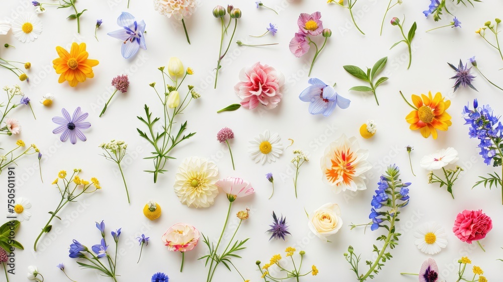Flat lay spring Flowers scattered on white table. Floral pattern made of meadow green leaves, branches. Top view of plants for Valentine Birthday banner with copy space. Summer backdrop place for text Flat lay spring Flowers scattered on white table. Floral pattern made of meadow green leaves, branches. Top view of plants for Valentine Birthday banner with copy space. Summer backdrop place for text