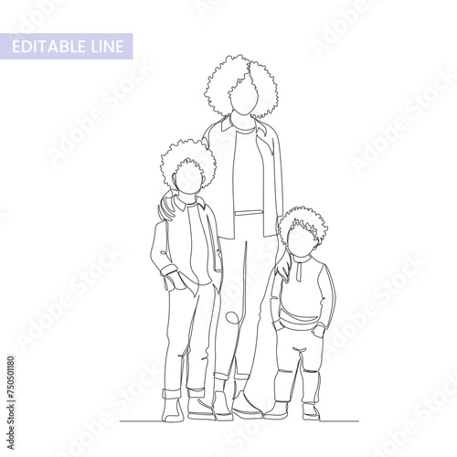 One single endless line single parent family group portrait, simple continuous contour, modern trendy style, vector illustration isolated on white. Single mother and two kids © creative_jen