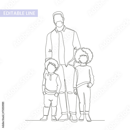 One single endless line single parent family group portrait, simple continuous contour, modern trendy style, vector illustration isolated on white. Single father and two kids