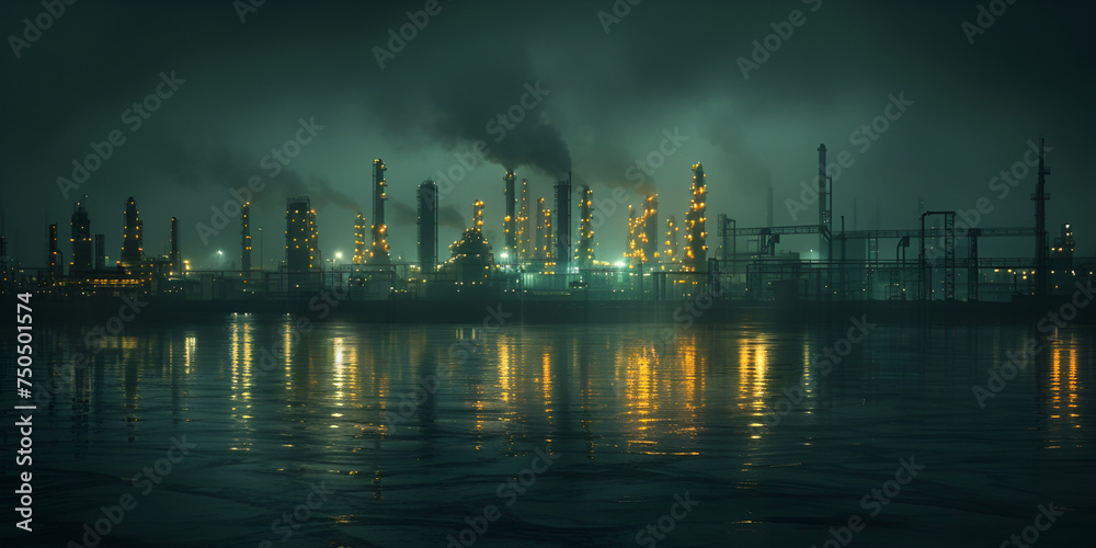 Dark smoke at night industrial city factory smoke, Serene And Moody Industrial Landscape At Night, 
