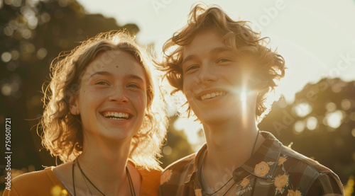 Young, couple and portrait of a man and woman posing together for love, bonding and dating. Happy, smiling and romantic people radiating positivity outdoors for content, happiness and exploration