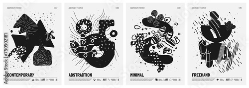 Black and White vector minimalistic Posters with bizarre abstract geometric unusual shapes and forms with textures in matisse style, Hand drawn modern wall art with aesthetic naive figures, set 10 photo