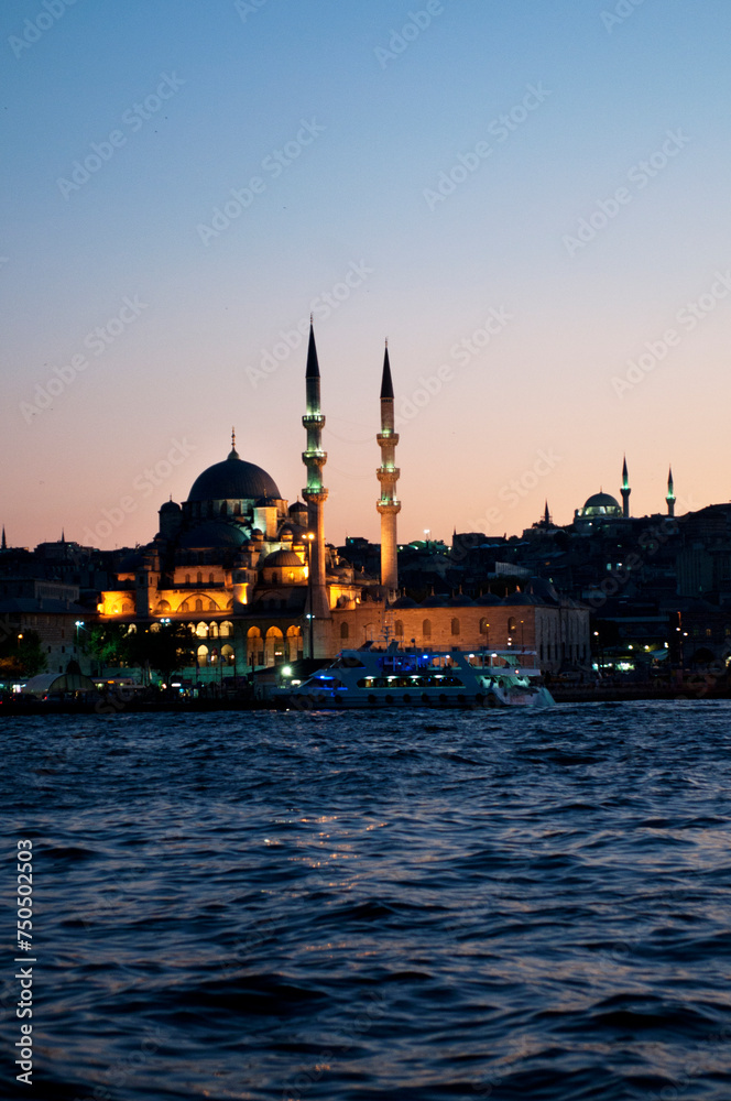 Rosy Twilight: The New Mosque Aglow by the Bosphorus in Istanbul
