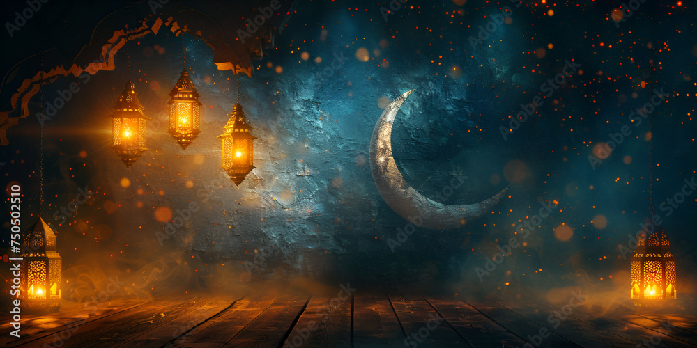 Ornate Crescent Moon Adorned with a Hanging Golden Lantern Islamic Concept Background, Ramadan ambiance with glowing lanterns, crescent moons, and starry brilliance, 
 - obrazy, fototapety, plakaty 