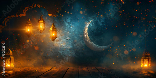 Ornate Crescent Moon Adorned with a Hanging Golden Lantern Islamic Concept Background, Ramadan ambiance with glowing lanterns, crescent moons, and starry brilliance, 
 photo