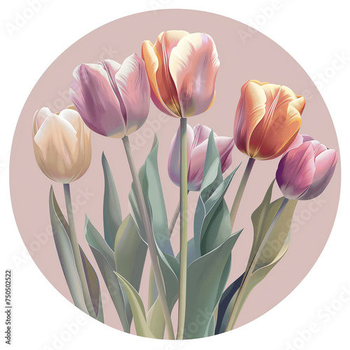 Six tulips in powdery shades of pink and purple on a round monochrome background