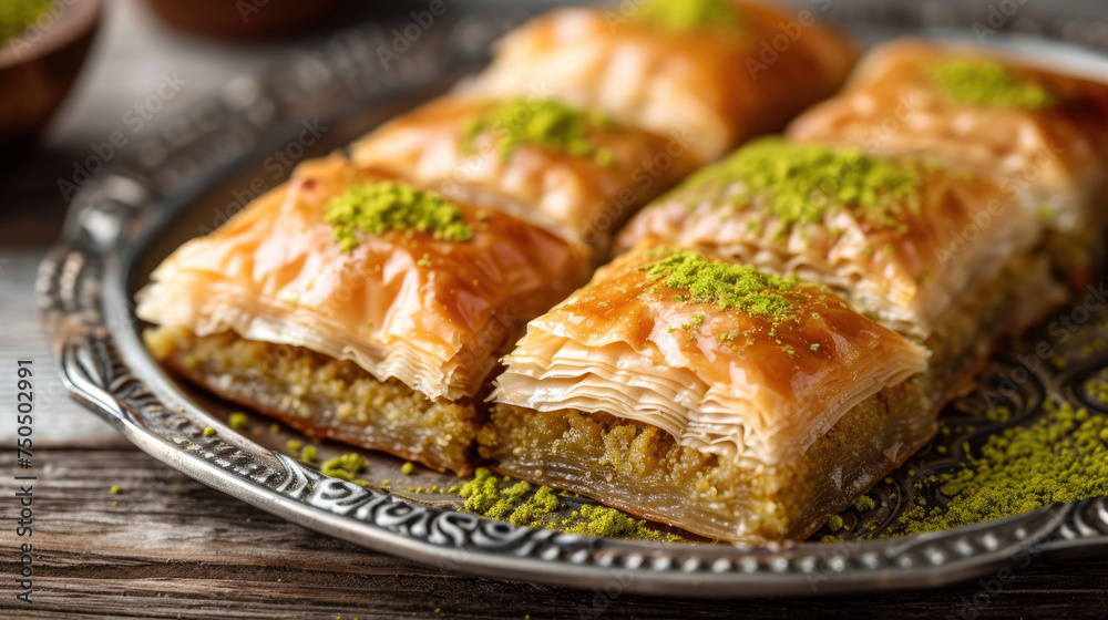 A detailed view of syrupy topped baklava with pistachios on a rustic plate. Pistachio baklava. Close-up. Traditional Middle Eastern Flavors. Traditional Turkish baklava. local name fistikli baklava A detailed view of syrupy topped baklava with pistachios on a rustic plate. Pistachio baklava. Close-up. Traditional Middle Eastern Flavors. Traditional Turkish baklava. local name fistikli baklava
