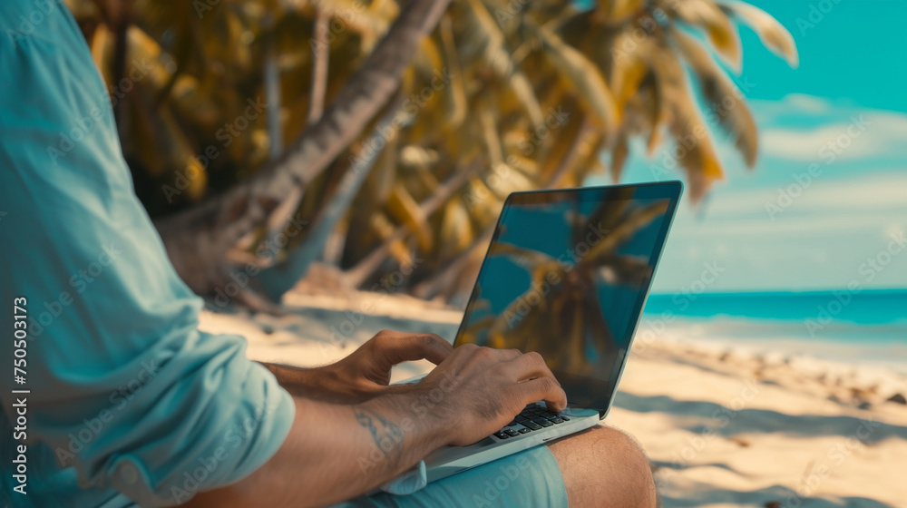 A person working remotely on a laptop under the shade of palm trees, with the serene blue ocean in the background. A person working remotely on a laptop under the shade of palm trees, with the serene blue ocean in the background.
