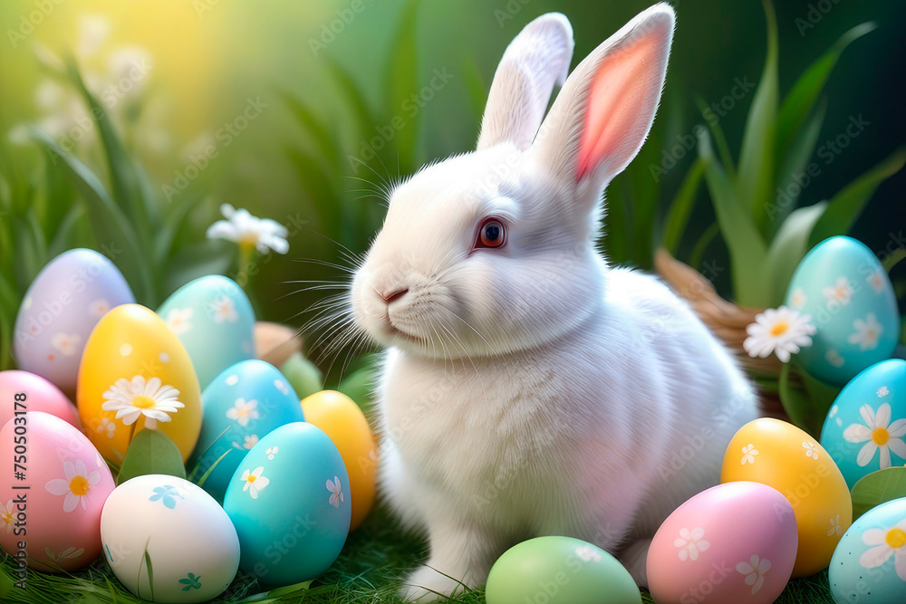Colorful eggs and cute white Easter bunny with spring flowers.