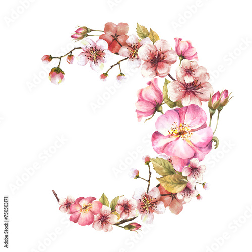 Wallpaper Mural Watercolor blossoming spring sakura or cherry tree branch wreath with rosehip, dog or brier rose buds and flowers. Springtime hand drawn clipart for label, card. Isolated illustration white background Torontodigital.ca