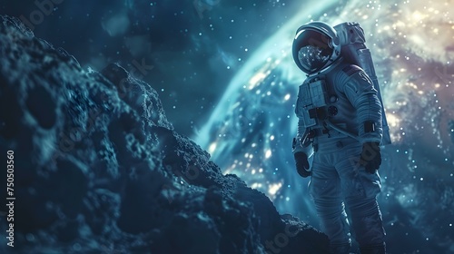 Exploration of an alien planet by a virtual reality astronaut in space. Concept Virtual Reality, Alien Planet, Space Exploration, Astronaut Simulation, Otherworldly Adventure