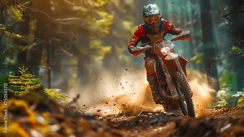 A motorcyclist sportsman through the autumn forest