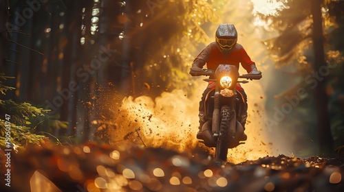 A motorcyclist sportsman through the autumn forest