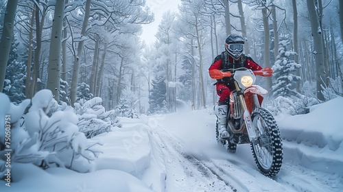 A motorcyclist sportsman through the forest in winter