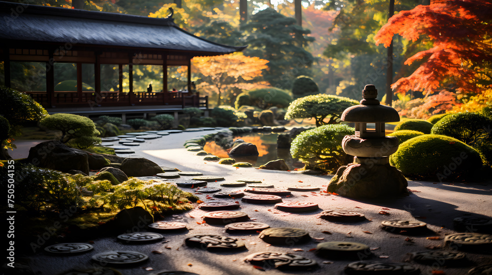 A tranquil tsukubai stone basin set amidst a traditional Japanese garden, adorned with meticulously pruned bonsai trees and moss-covered rocks. 