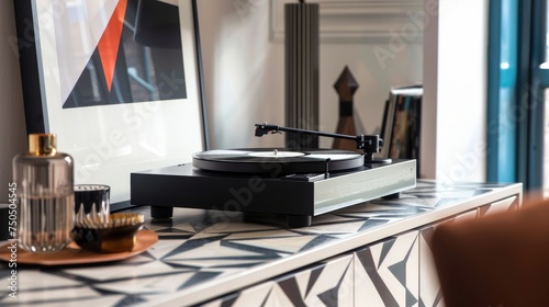 Contemporary turntable setup on a geometric patterned sideboard with artistic decor and cozy interior ambiance.